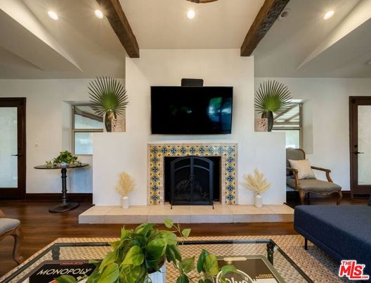 Fireplace, Interior, Recessed Lighting, Wooden Beams, Wood Texture Flooring