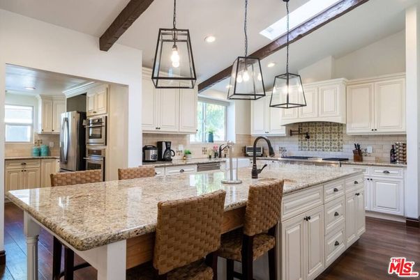 Interior, Kitchen, Pendant Lights, Recessed Lighting, Stainless Steel Appliances, Wooden Beams, Wood Texture Flooring