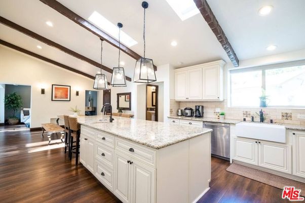 Dining room, Interior, Kitchen, Pendant Lights, Recessed Lighting, Stainless Steel Appliances, Wooden Beams, Wood Texture Flooring