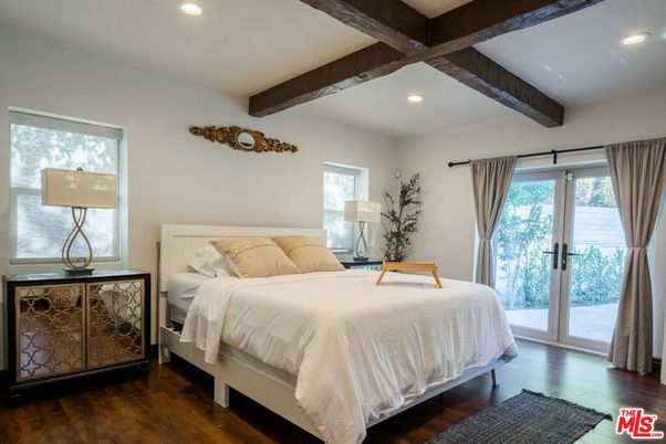 Bedroom, Interior, Recessed Lighting, Wooden Beams, Wood Texture Flooring