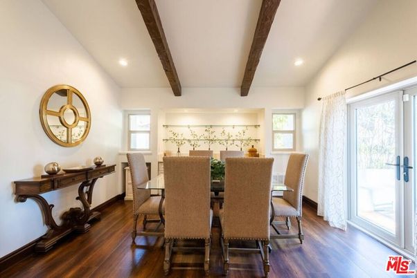 Dining room, Interior, Recessed Lighting, Wooden Beams, Wood Texture Flooring