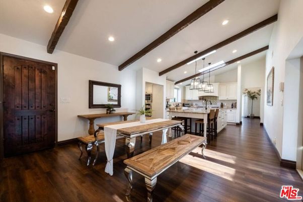 Chandelier, Dining room, Interior, Kitchen, Pendant Lights, Recessed Lighting, Stainless Steel Appliances, Wooden Beams, Wood Texture Flooring