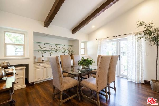 Dining room, Interior, Recessed Lighting, Wooden Beams, Wood Texture Flooring
