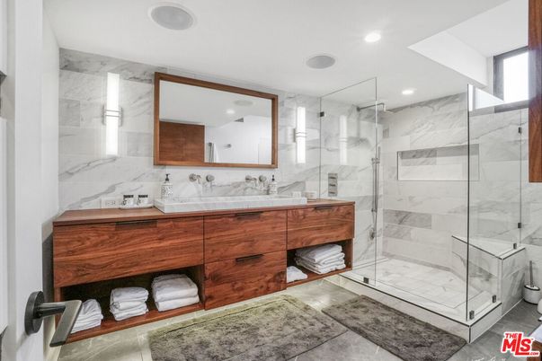 Bathroom, Dual Sink Vanities, Glass Shower, Interior, Marble Walls, Recessed Lighting
