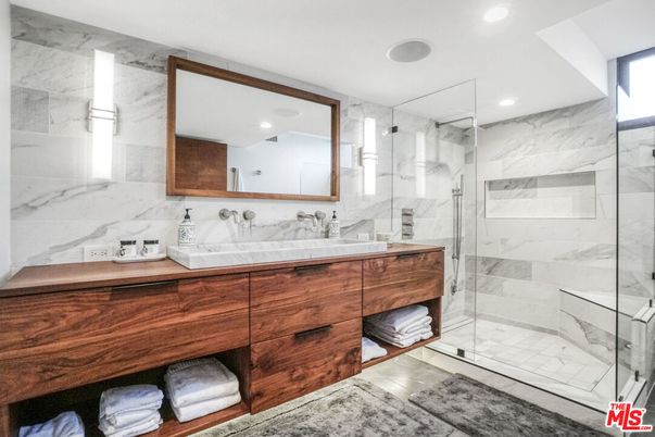Bathroom, Dual Sink Vanities, Glass Shower, Interior, Marble Walls, Recessed Lighting