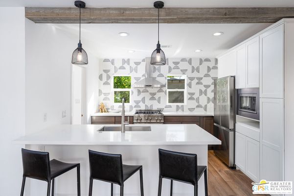 Interior, Kitchen, Pendant Lights, Recessed Lighting, Stainless Steel Appliances, Wooden Beams, Wood Texture Flooring