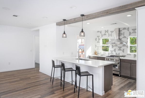 Interior, Kitchen, Pendant Lights, Recessed Lighting, Stainless Steel Appliances, Wooden Beams, Wood Texture Flooring