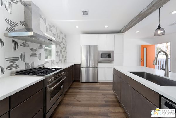 Interior, Kitchen, Pendant Lights, Recessed Lighting, Stainless Steel Appliances, Wooden Beams, Wood Texture Flooring