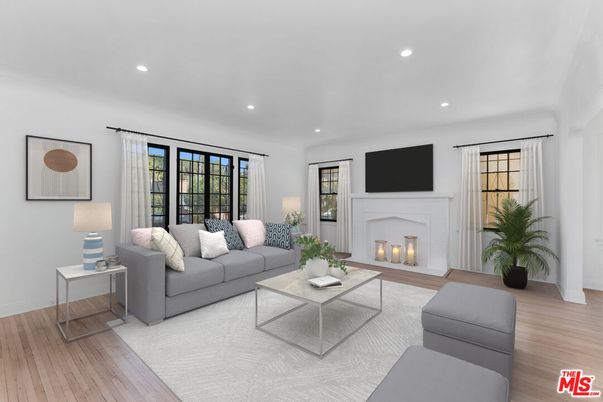 Fireplace, Interior, Living room, Recessed Lighting, Wood Texture Flooring