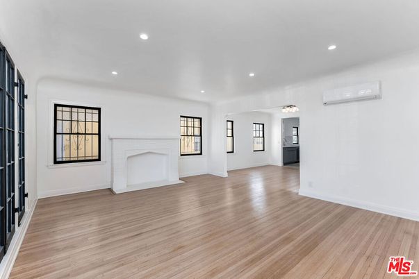 Empty room, Fireplace, Interior, Recessed Lighting, Wood Texture Flooring
