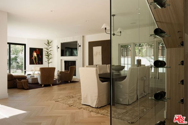 Dining room, Fireplace, Interior, Living room, Recessed Lighting, Wood Texture Flooring