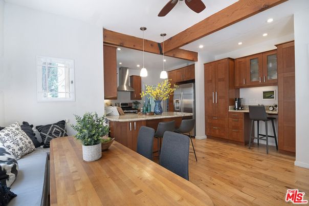 Interior, Kitchen, Pendant Lights, Recessed Lighting, Stainless Steel Appliances, Wooden Beams, Wood Texture Flooring