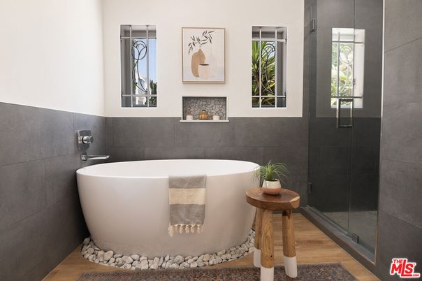Bathroom, Free Standing Baths, Glass Shower, Interior, Wood Texture Flooring
