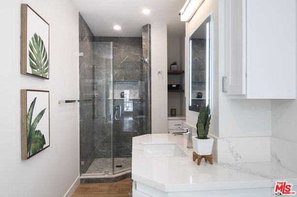 Bathroom, Glass Shower, Interior, Marble Walls, Recessed Lighting, Wood Texture Flooring