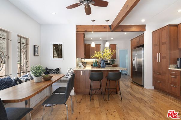 Interior, Kitchen, Pendant Lights, Recessed Lighting, Stainless Steel Appliances, Wooden Beams, Wood Texture Flooring