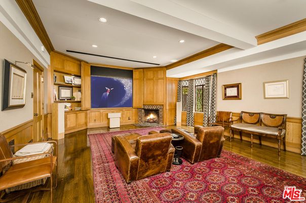 Fireplace, Interior, Living room, Recessed Lighting, Wood Texture Flooring, Wooden Walls
