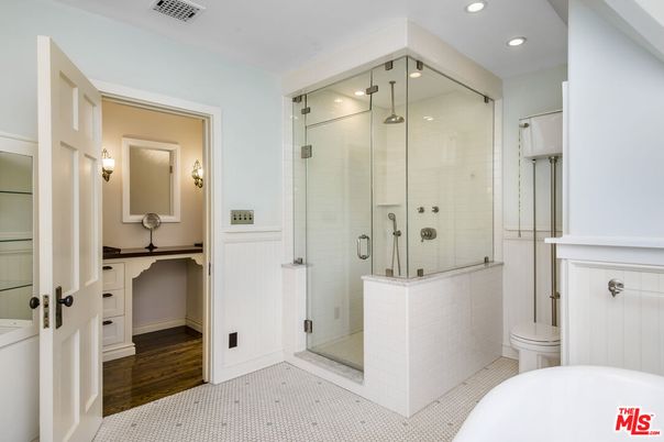 Bathroom, Glass Shower, Interior, Recessed Lighting, Wood Texture Flooring