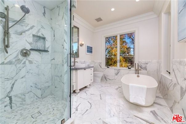 Bathroom, Free Standing Baths, Glass Shower, Interior, Marble, Marble Walls, Recessed Lighting