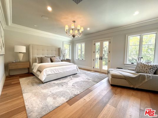 Bedroom, Chandelier, Interior, Recessed Lighting, Wood Texture Flooring
