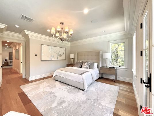 Bedroom, Chandelier, Interior, Recessed Lighting, Wood Texture Flooring