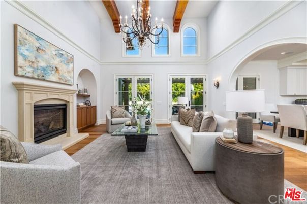 Chandelier, Dining room, Fireplace, Interior, Living room, Recessed Lighting, Wooden Beams, Wood Texture Flooring