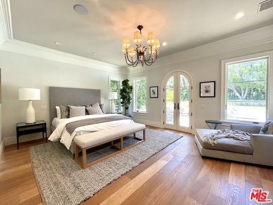 Bedroom, Chandelier, Interior, Recessed Lighting, Wood Texture Flooring
