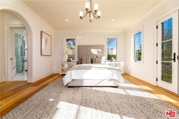 Bedroom, Chandelier, Interior, Recessed Lighting, Wood Texture Flooring