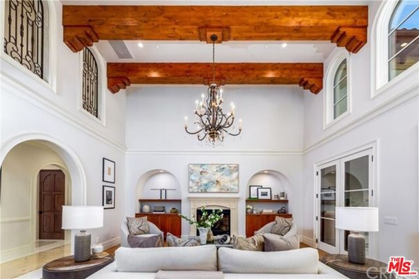 Chandelier, Fireplace, Interior, Living room, Recessed Lighting, Wooden Beams