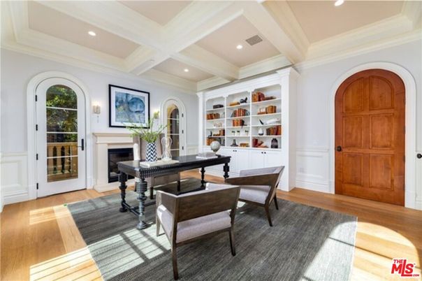 Fireplace, Home Office, Interior, Recessed Lighting, Wood Texture Flooring