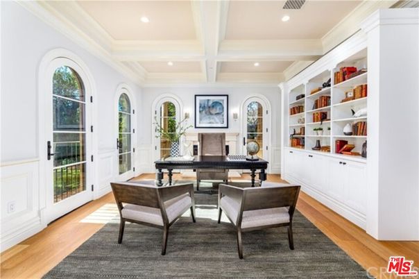 Fireplace, Home Office, Interior, Recessed Lighting, Wood Texture Flooring
