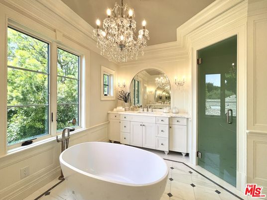 Bathroom, Chandelier, Dual Sink Vanities, Free Standing Baths, Glass Shower, Interior