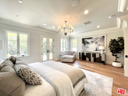 Bedroom, Chandelier, Interior, Recessed Lighting, Wood Texture Flooring