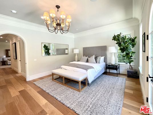 Bedroom, Chandelier, Interior, Recessed Lighting, Wood Texture Flooring