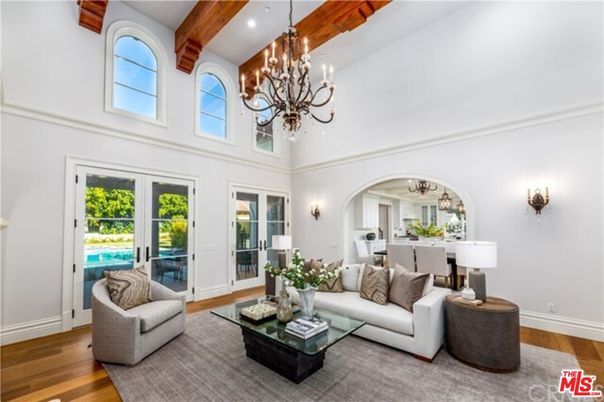Chandelier, Dining room, Interior, Living room, Recessed Lighting, Wooden Beams, Wooden Ceilings, Wood Texture Flooring