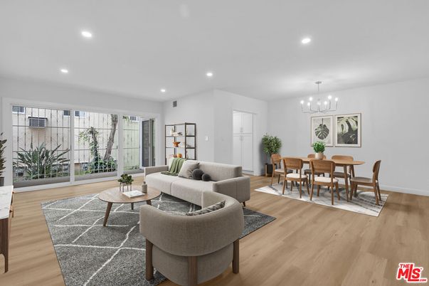 Dining room, Interior, Living room, Pendant Lights, Recessed Lighting, Wood Texture Flooring