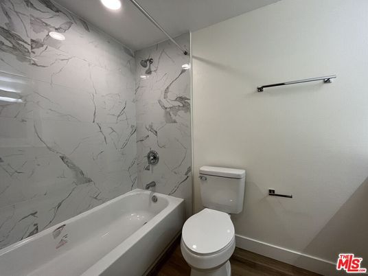 Bathroom, Interior, Marble Walls, Recessed Lighting, Wood Texture Flooring