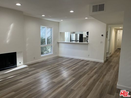 Empty room, Fireplace, Interior, Recessed Lighting, Wood Texture Flooring