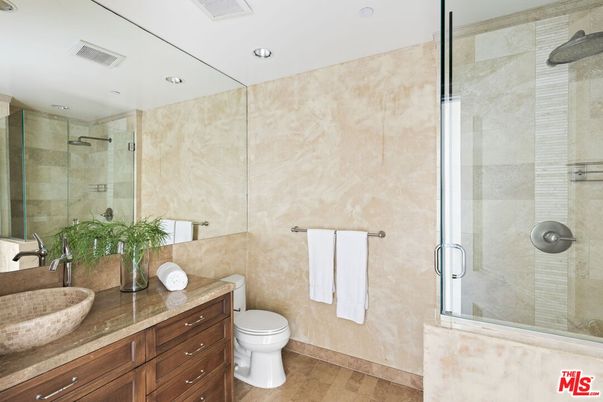 Bathroom, Glass Shower, Interior, Recessed Lighting, Wood Texture Flooring