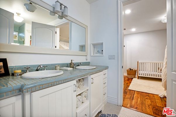 Bathroom, Dual Sink Vanities, Interior, Recessed Lighting, Tile Countertops, Wood Texture Flooring