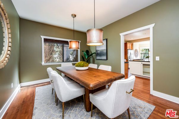 Dining room, Interior, Pendant Lights, Recessed Lighting, Wood Texture Flooring