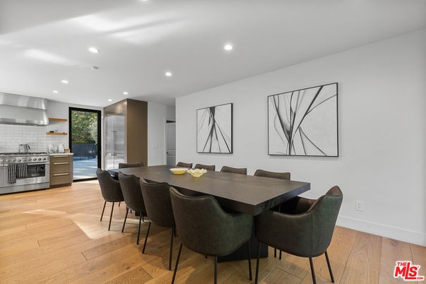 Dining room, Interior, Kitchen, Recessed Lighting, Stainless Steel Appliances, Wood Texture Flooring