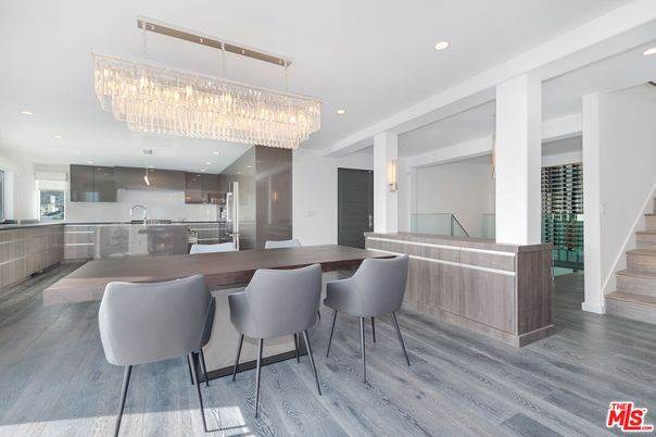 Chandelier, Interior, Kitchen, Recessed Lighting, Stainless Steel Appliances, Wood Texture Flooring