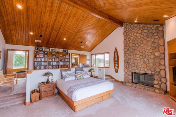 Bedroom, Fireplace, Interior, Recessed Lighting, Stone Walls, Wooden Beams, Wooden Ceilings