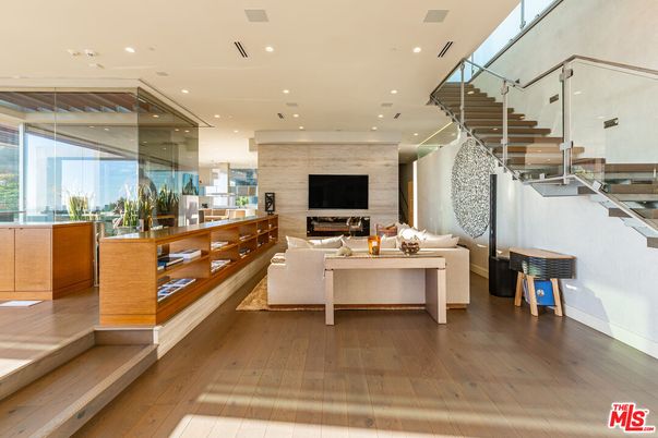 Fireplace, Interior, Living room, Recessed Lighting, Wood Texture Flooring