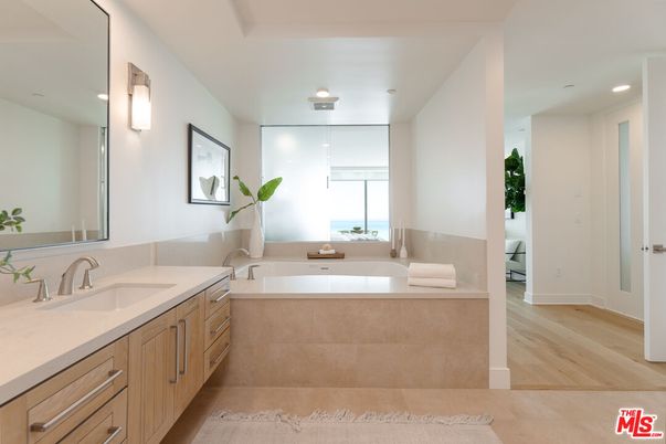 Bathroom, Dual Sink Vanities, Interior, Recessed Lighting, Wood Texture Flooring