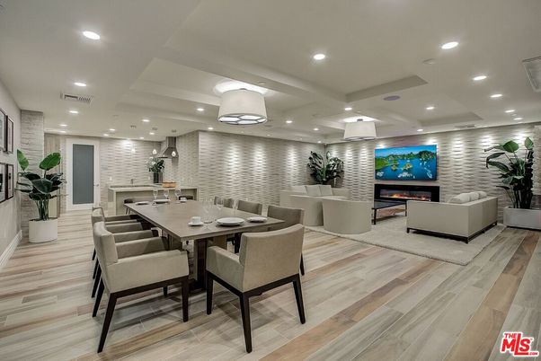 Dining room, Fireplace, Interior, Living room, Pendant Lights, Recessed Lighting, Stone Walls, Wood Texture Flooring