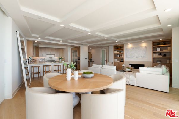 Dining room, Fireplace, Interior, Kitchen, Living room, Recessed Lighting, Wood Texture Flooring