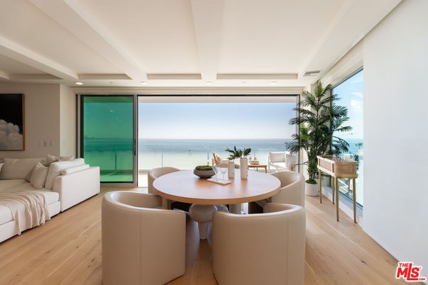 Dining room, Interior, Living room, Recessed Lighting, Water, Wood Texture Flooring