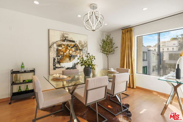Dining room, Interior, Pendant Lights, Recessed Lighting, Wood Texture Flooring