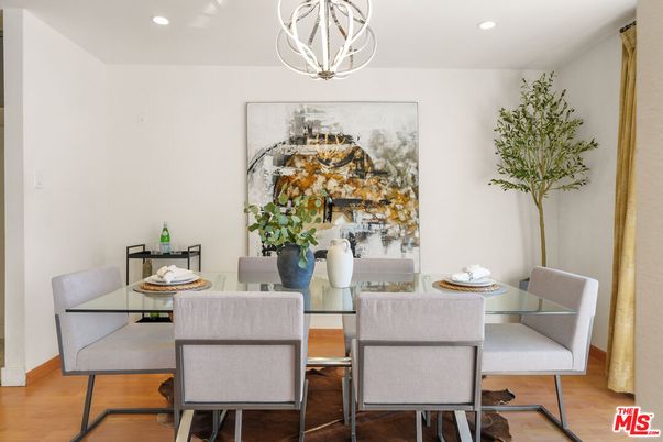 Dining room, Interior, Pendant Lights, Recessed Lighting, Wood Texture Flooring